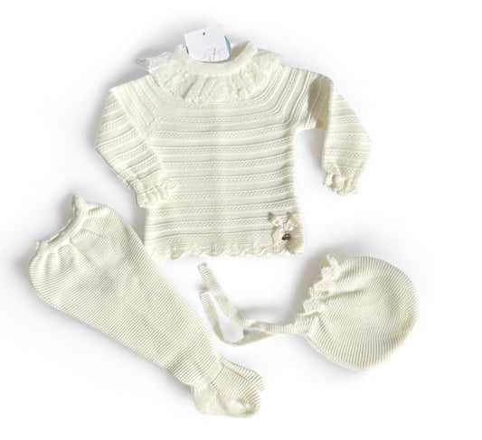 Ivory Knit 3-Piece Baby Set with Lace Detail