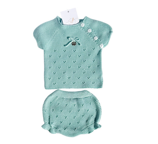 Mint Green Pointelle Knit Set with Bow