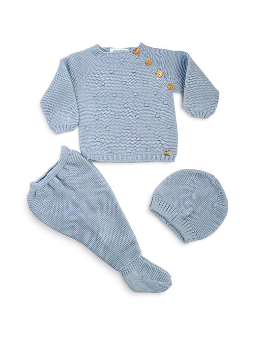 Blue Knit 3-Piece Set with Wooden Buttons (Unisex)