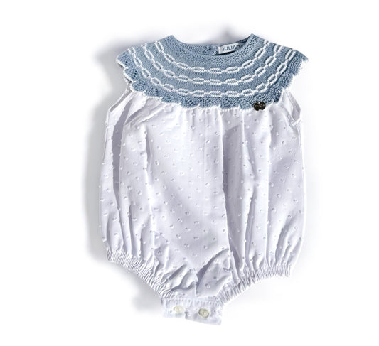 White Baby Romper with Blue Knit Collar