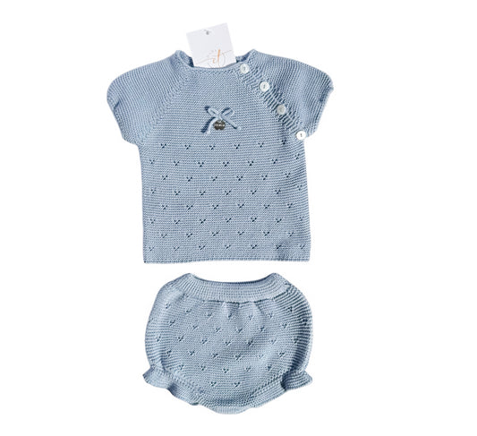 Sky Blue Pointelle Knit Set with Bow