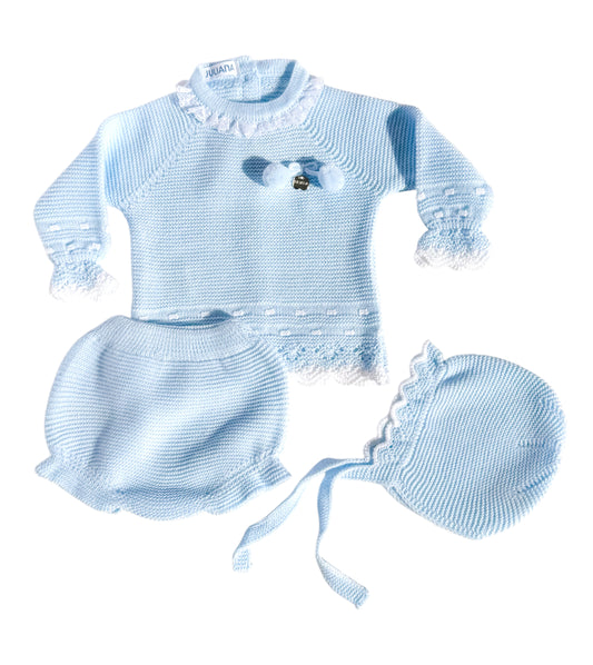 Light Blue Lace-Trimmed Knit 3-Piece Set