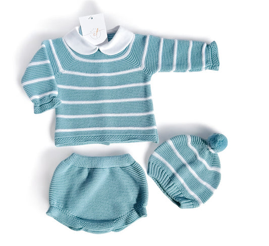 Teal Striped Knit Set with Hat