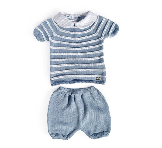 Blue & White Striped Knit Set with Collar