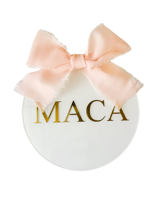 Personalized Baby Name Acrylic Disc – 4" | Custom Newborn Name Sign with Chiffon Bow
