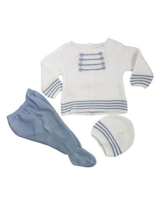 Nautical-Inspired Cream & Blue Knit 3-Piece Set